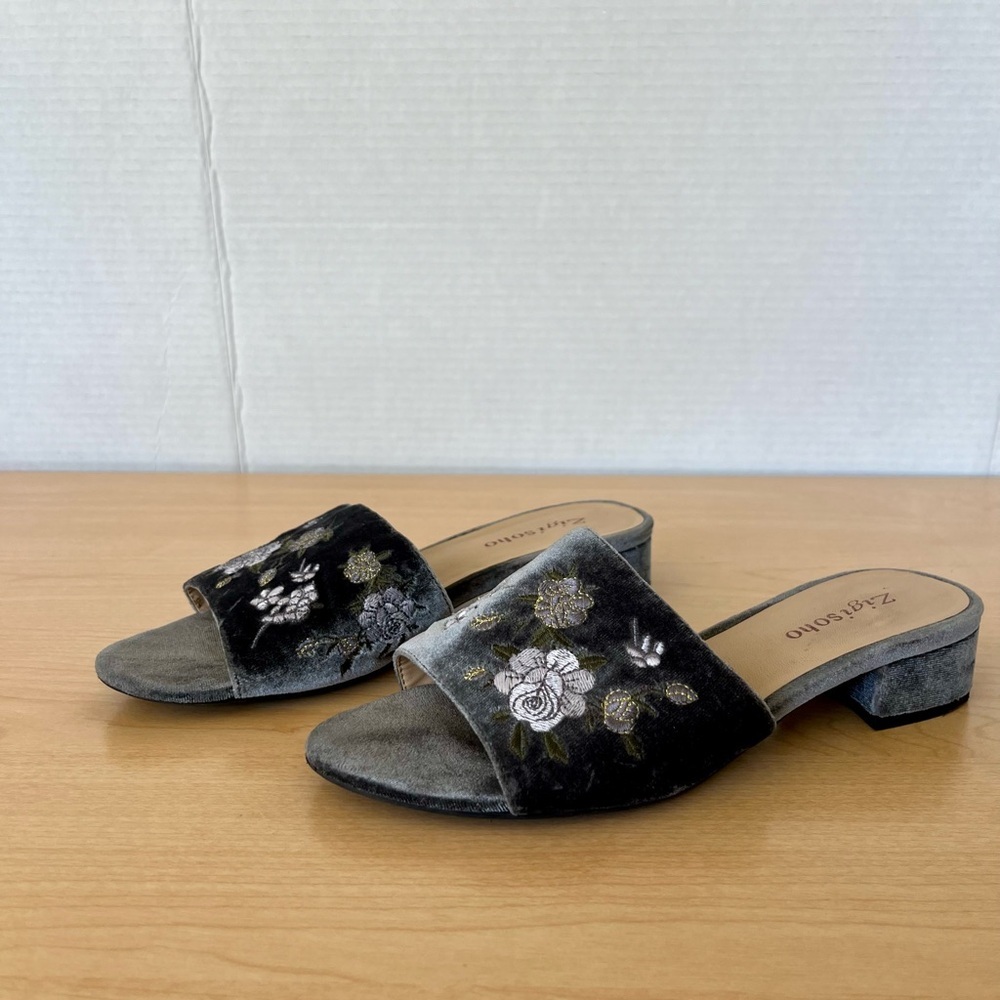 Zigi Soho velvet floral gray slides with small chunky heel